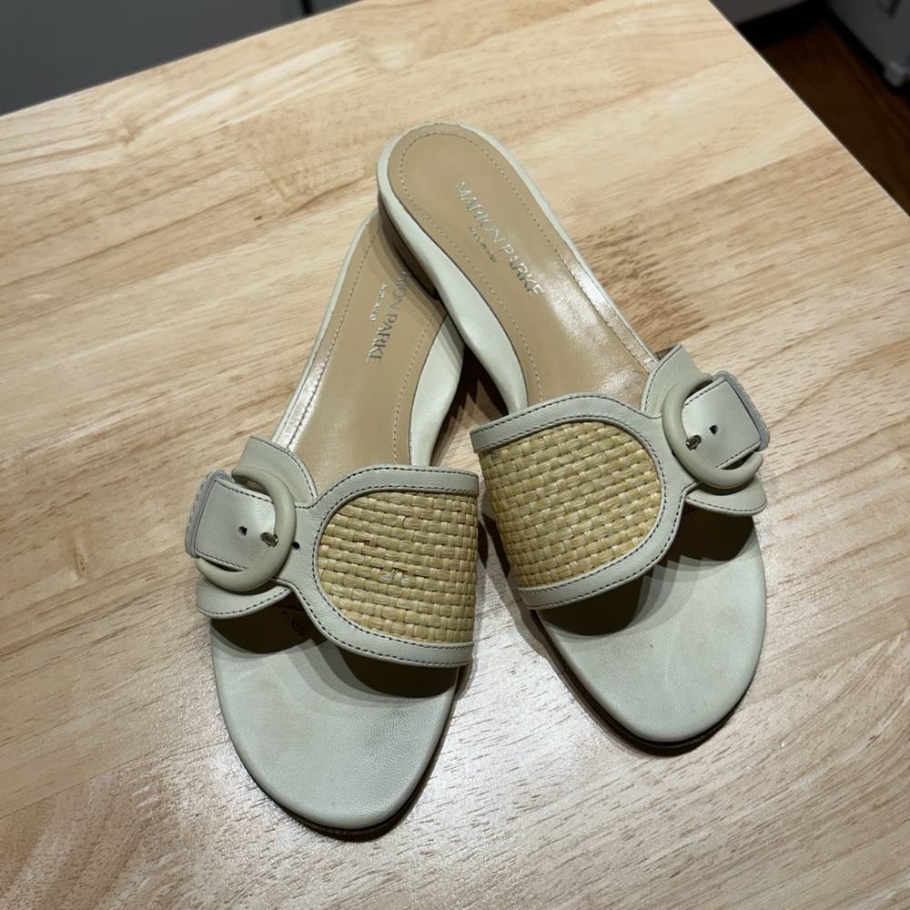 Marion Parke Women's Cream and Tan raffia Slide Sandals size 37/ US7, rare find